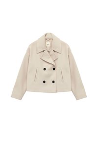 Afkortet cremet dobbeltbrystet frakke i uldblanding, med store klapper, to forlommer og sorte knapdetaljer.