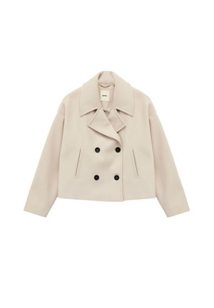 Afkortet cremet dobbeltbrystet frakke i uldblanding, med store klapper, to forlommer og sorte knapdetaljer.