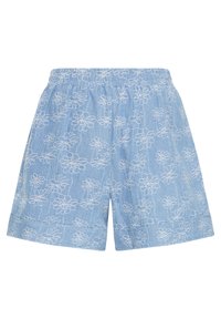 Light blue elastic waist shorts with white floral embroidery and cuffed hems.