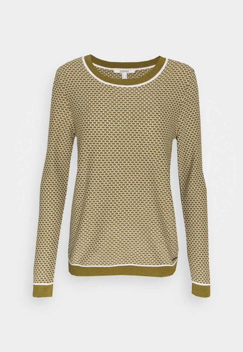 Pull tricot à manches longues vert olive et blanc avec motif en nid d'abeille, encolure arrondie, poignets et ourlet côtelés.