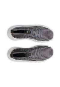 Gray knit athletic shoes with a textured upper, elastic laces, and a white rubber sole. Features a logo detail on the heel.