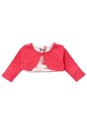 Rode cropped cardigan met lange mouwen en een ronde kraag, voorzien van een knoopsluiting. Gevoerd met een kleurrijk aquatisch patroon.