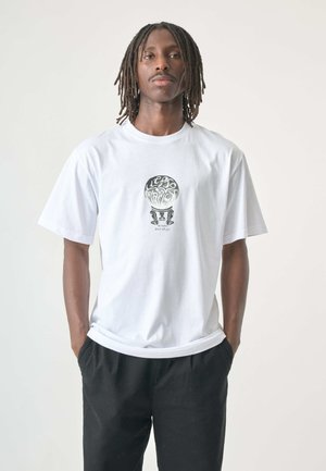 White cotton t-shirt featuring a black graphic design of a crystal ball with "LEPRO" and "WE HERE DON'T TELL YOU" text. Loose fit, short sleeves.