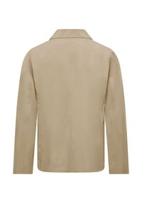 Giacca beige con colletto, maniche lunghe e taglio dritto. Realizzata in tessuto liscio con dettagli di cucitura discreti sulla schiena.