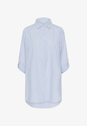 Modrá a biela pruhovaná dlhá rukávová košeľa s golierom, rukávmi s možnosťou rolled-tab a mierne zakriveným lemom. Mäkká textúra látky.