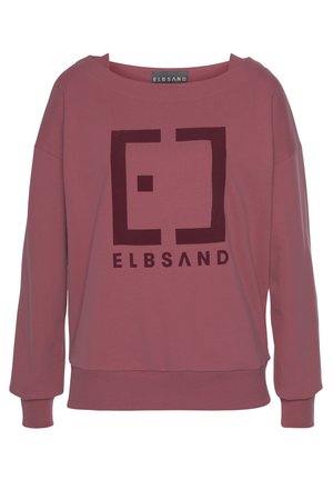 Sudadera de manga larga en color malva con cuello redondo, puños y dobladillo acanalados, que presenta un logo cuadrado rojo oscuro y el texto "ELBSAND" en la parte delantera.