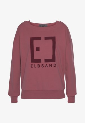 Sweatshirt mauve à manches longues avec col rond, poignets et ourlet côtelés, présentant un logo carré rouge foncé et le texte "ELBSAND" sur le devant.