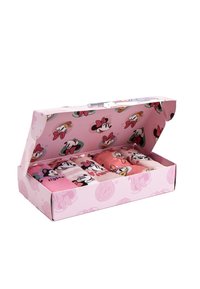 Ensemble de six chaussettes roses avec des personnages de dessin animé, emballées dans une boîte décorative avec une base rose et des motifs de personnages sur le couvercle.