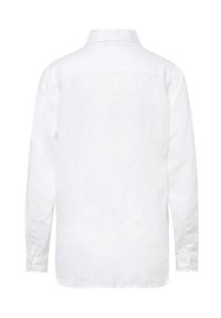 Witte langarmige shirt van linnen. Heeft een klassieke kraag, knoopmanchetten, en een plain achterkant zonder patronen of ontwerpen.