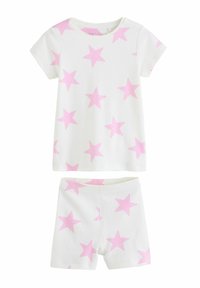 Ensemble de pyjama en coton deux pièces comprenant un haut à manches courtes et un short. Tissu blanc avec un motif étoile rose répété. Texture douce, coupe décontractée.