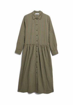 Long-sleeve, button-up midi dress with brown and green checkered pattern, pointed collar, and gathered waist detail.