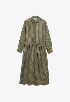 Long-sleeve, button-up midi dress with brown and green checkered pattern, pointed collar, and gathered waist detail.