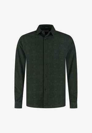 Cămașă button-up cu mânecă lungă de culoare verde închis, cu un model pătrat subtil și guler, prezentată plat pe un fundal alb.