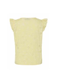 Blouse jaune sans manches avec motif floral en œillets et manches courtes à volants, vue de dos.