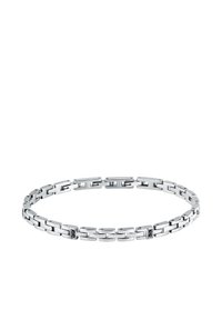 Bracciale in metallo argentato composto da segmenti rettangolari collegati con piccoli accenti neri, texture liscia e finitura lucida.