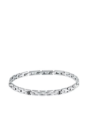 Bracciale in metallo argentato composto da segmenti rettangolari collegati con piccoli accenti neri, texture liscia e finitura lucida.