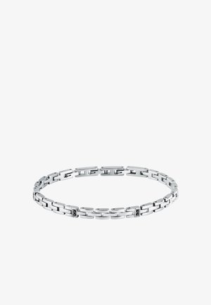 Bracciale in metallo argentato composto da segmenti rettangolari collegati con piccoli accenti neri, texture liscia e finitura lucida.