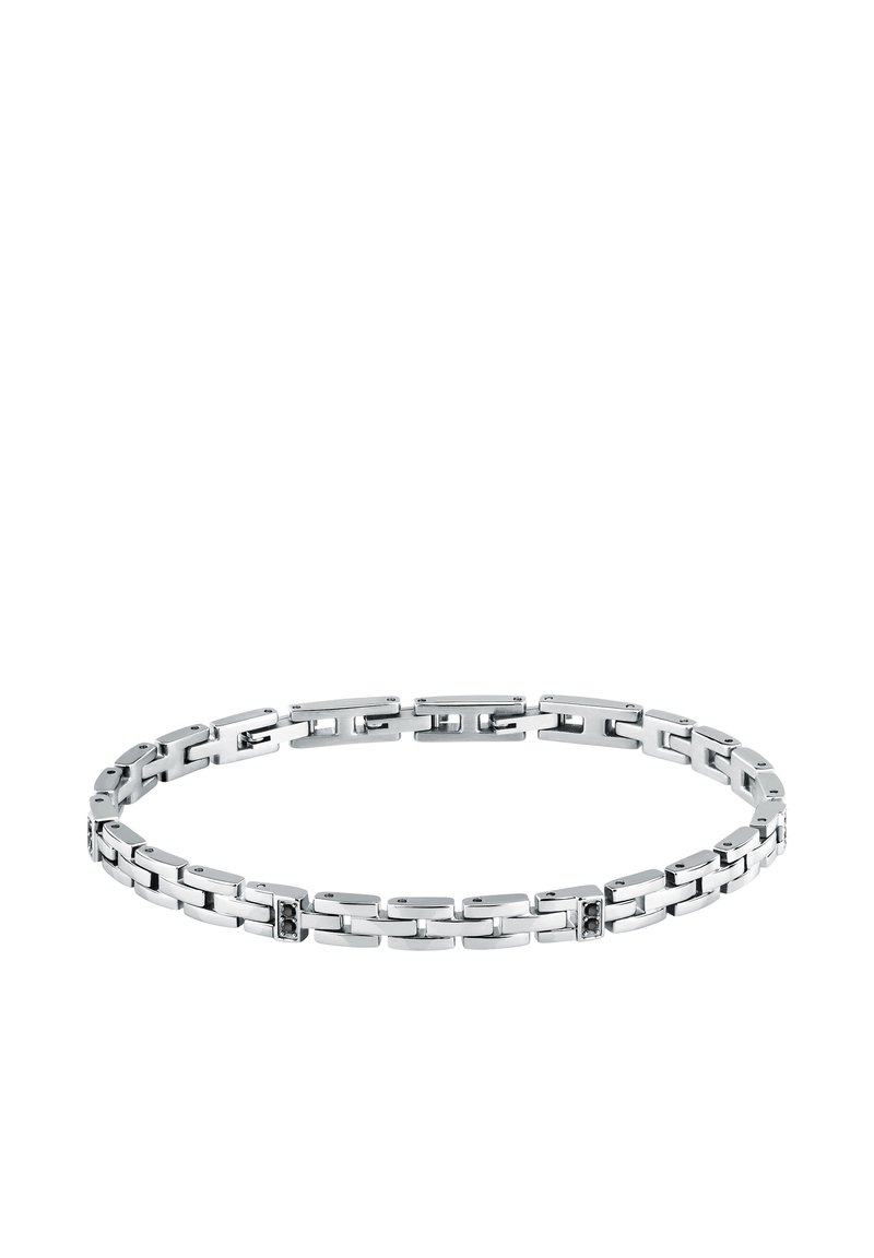 Bracciale in metallo argentato composto da segmenti rettangolari collegati con piccoli accenti neri, texture liscia e finitura lucida.