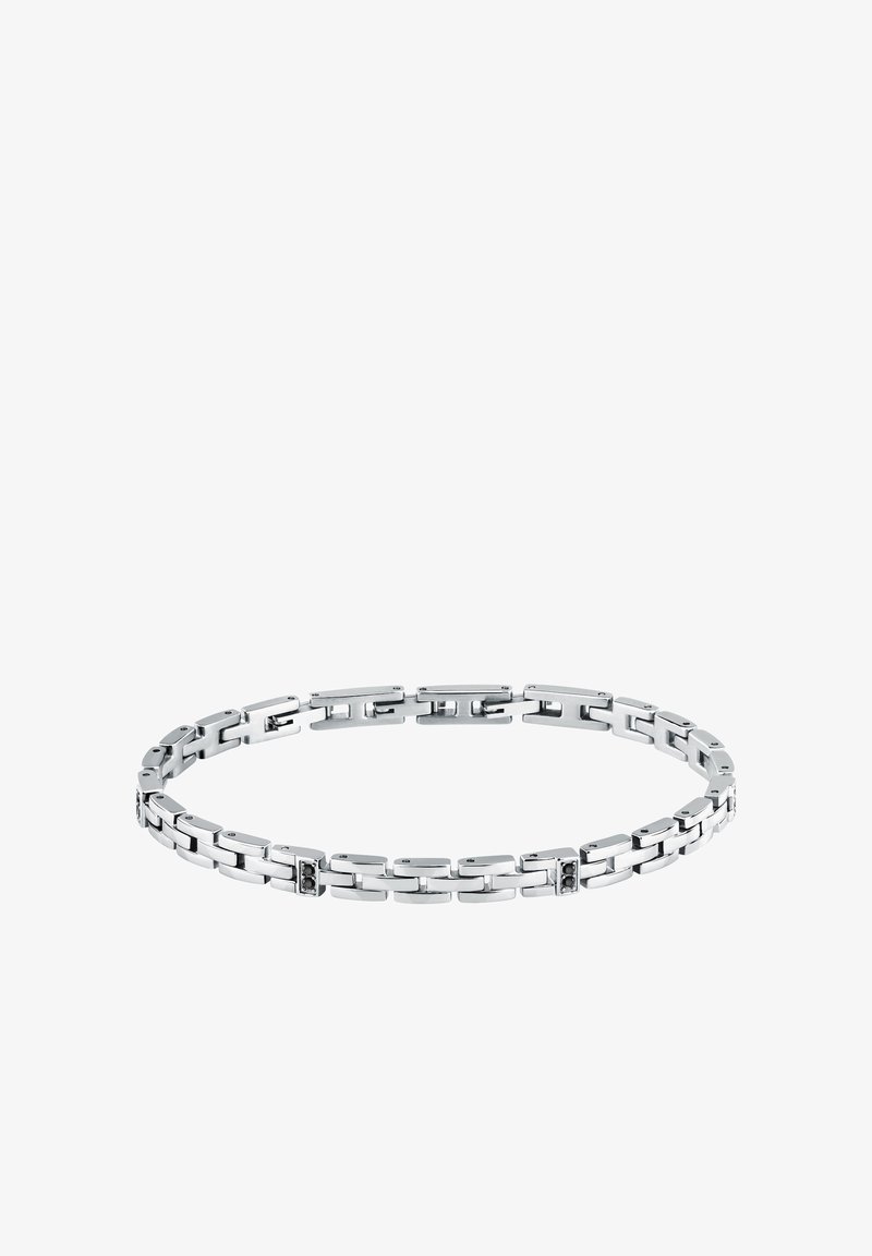 Bracciale in metallo argentato composto da segmenti rettangolari collegati con piccoli accenti neri, texture liscia e finitura lucida.