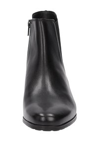 Schwarze Leder-Stiefeletten mit glatter Oberfläche, runder Zehenpartie und seitlichem Reißverschluss, ausgestattet mit einer niedrigen, strukturierten Gummisohle.