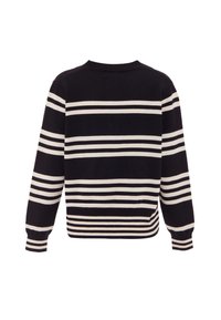 Suéter de punto a rayas en azul marino y blanco, con manga larga y cuello redondo. Presenta un dobladillo y puños de canalé, con una textura suave en todo el tejido.