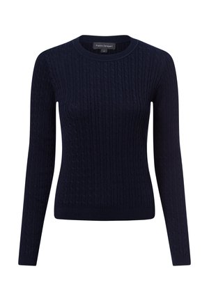 Marineblau gestrickter Pullover mit langen Ärmeln, runder Halslinie, gerippter Textur und Zopfmuster. Weiches Material mit taillierter Silhouette.