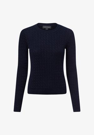 Marineblau gestrickter Pullover mit langen Ärmeln, runder Halslinie, gerippter Textur und Zopfmuster. Weiches Material mit taillierter Silhouette.