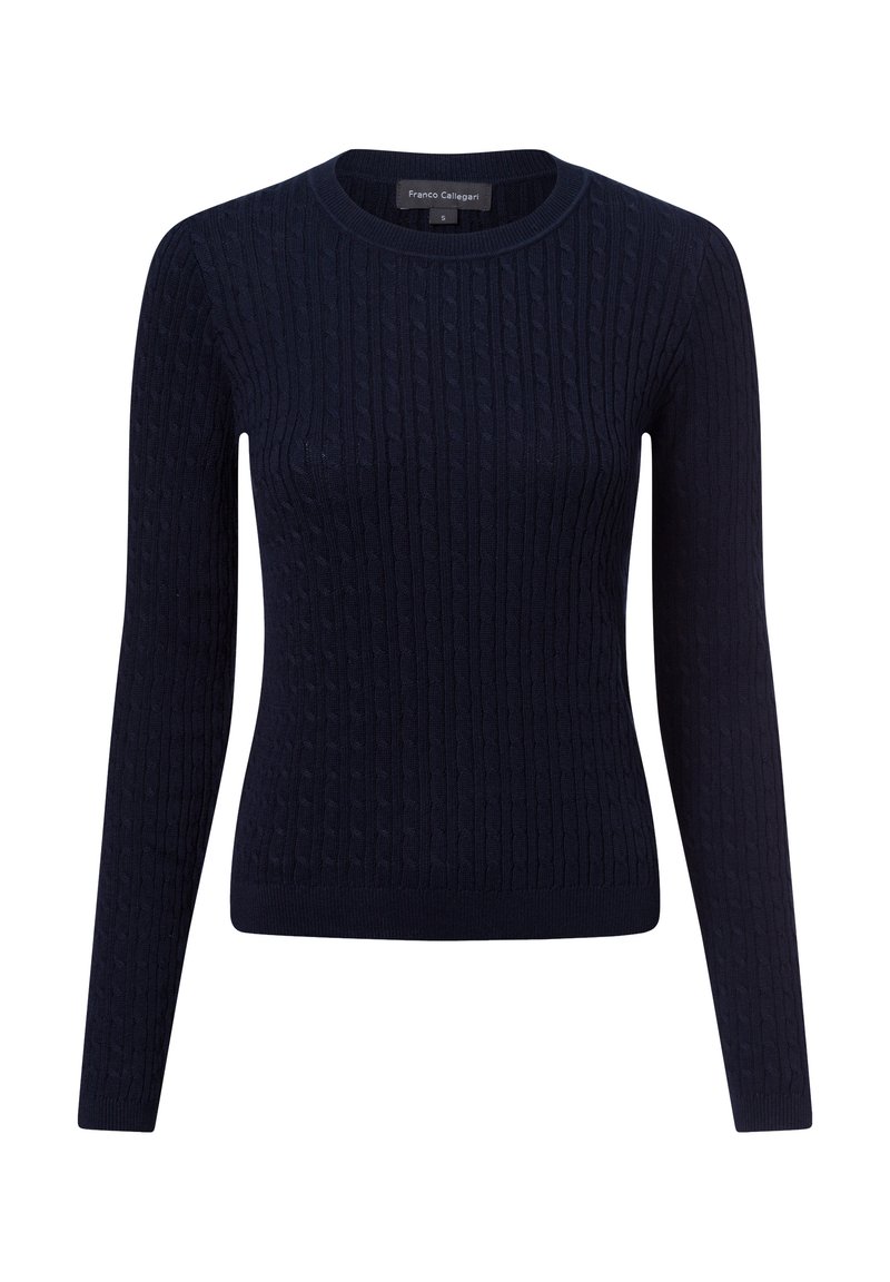 Marineblau gestrickter Pullover mit langen Ärmeln, runder Halslinie, gerippter Textur und Zopfmuster. Weiches Material mit taillierter Silhouette.