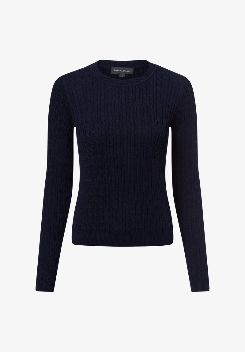 Marineblau gestrickter Pullover mit langen Ärmeln, runder Halslinie, gerippter Textur und Zopfmuster. Weiches Material mit taillierter Silhouette.