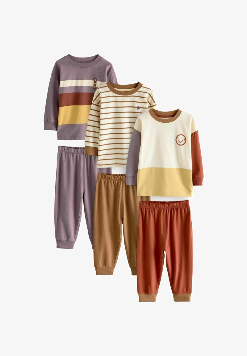 Set van vier kinderkleding. Bevat long-sleeve tops in gestreepte en effen patronen, gecombineerd met broekjes met elastische tailleband in bijpassende kleuren.