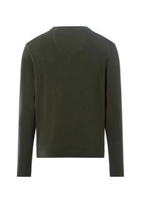 Donkergroene lange mouwen trui met een ronde hals, voorzien van een gladde textuur en geribbelde manchetten en zoom. Geen zichtbare patronen of hardware.