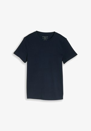 Tmavě modré tričko s krátkým rukávem a kulatým výstřihem, velikost malá, položeno na plochu na bílém pozadí.