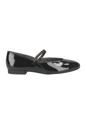 Black patent leather flats with a pointed toe and a thin adjustable strap across the instep. Low heel and smooth finish.