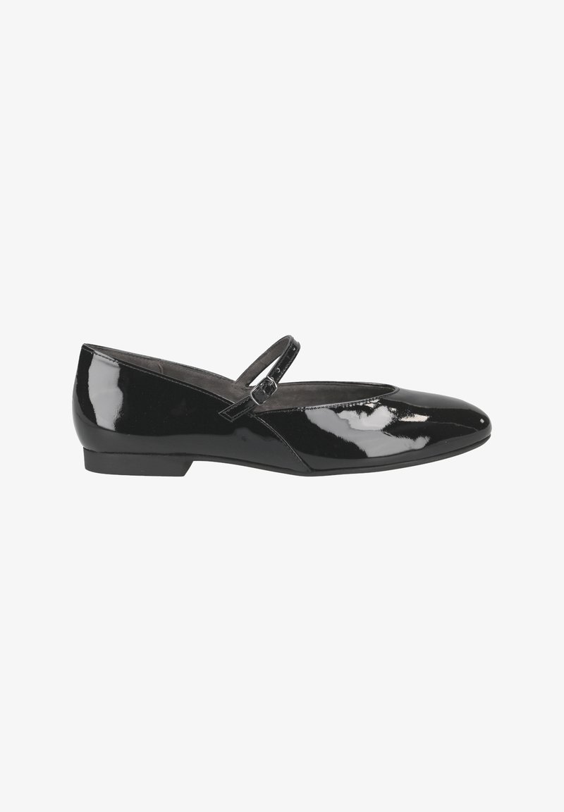 Ballerines en cuir verni noir avec un bout pointu et une fine bride réglable sur le dessus du pied. Talon bas et finition lisse.