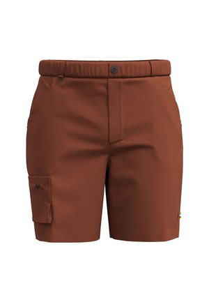 Brown shorts made of lightweight fabric, featuring a waistband with a button, front pockets, and a side pocket with a flap.