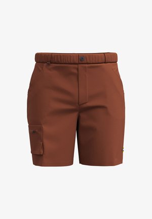 Bruine shorts van lichtgewicht stof, met een tailleband met een knoop, voorzakken en een zijzak met een klep.