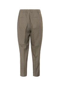 Bruine geblokte broek met een elastische tailleband, taps toelopende pijpen en twee achterzakken. Gekenmerkt door een lichte, gestructureerde stof.