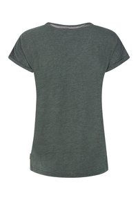 T-shirt verde a maniche corte in tessuto morbido, con scollatura rotonda e schiena liscia senza decorazioni.