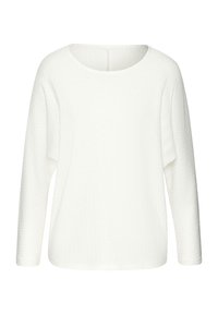 Weißer, langärmeliger, strukturierter Strickpullover mit rundem Halsausschnitt und lockerer Passform, auf einem schlichten Hintergrund präsentiert.