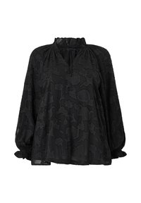 Sort bluse med blomstret broderi, en løs silhuet, sammenskudt halsudskæring og puffede ærmer med elastiske manchetter. Letvægtsstof.