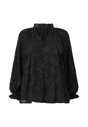 Zwarte blouse met bloemenborduurwerk, een losse silhoutte, gathered halslijn en pofmouwen met elastische manchetten. Lichtgewicht stof.