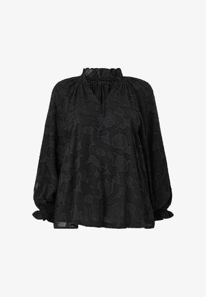 Black blouse featuring floral embroidery, a loose silhouette, gathered neckline, and puffed sleeves with elastic cuffs. Lightweight fabric.