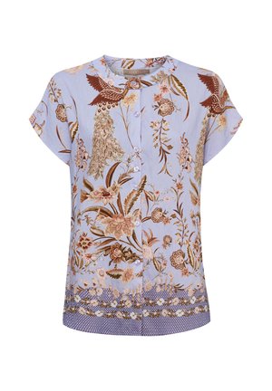Lyseblå kortærmet skjorte med knapper og brun og beige blomstret- og fugleprint, med rund halsudskæring og mønstret kantdetalje.