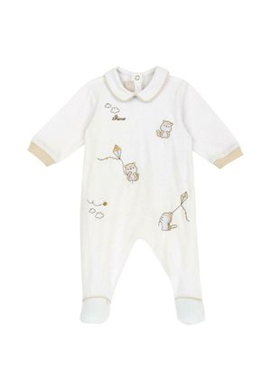 Body bianco per neonati con rifiniture beige, ricamati gattini che fanno volare aquiloni, nuvole e un'ape, con colletto a bottoni automatici.