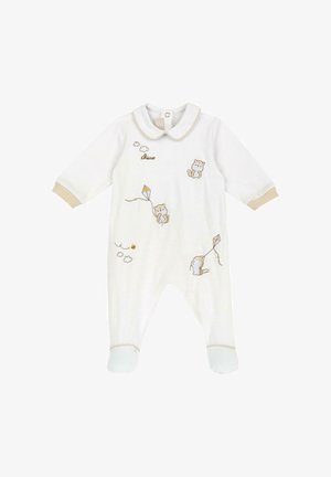 Body bianco per neonati con rifiniture beige, ricamati gattini che fanno volare aquiloni, nuvole e un'ape, con colletto a bottoni automatici.