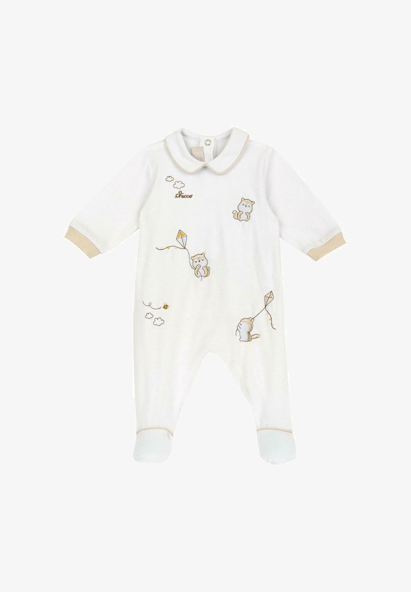 Body blanc pour bébé avec bordure beige, brodé de chatons volant des cerfs-volants, des nuages et une abeille, avec un col à pression.