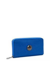 Blauwe ritstas met een gladde textuur, metalen hardware logo-accent en contrasterende stiksels langs de randen.