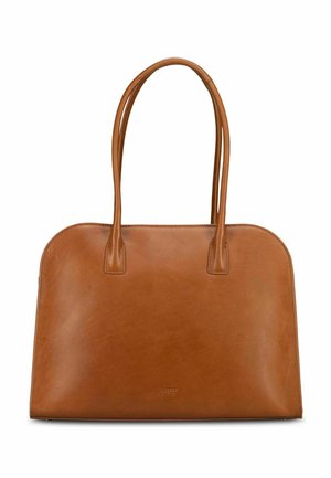 Borsa tote in pelle color cuoio con angoli superiori arrotondati e doppi spallacci, con logo del marchio in rilievo discreto vicino al centro inferiore.