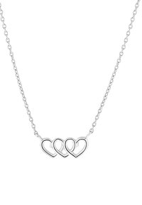 Zilveren ketting met drie verknopte hartvormen. Glad oppervlak, middelgrote schakels en minimalistisch ontwerp.