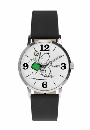 Watch with black leather strap and white dial featuring Snoopy playing pickleball and black numerals at 12, 3, 6, and 9 o'clock.